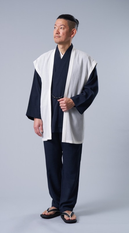 3-Piece Summer Samue Set: Off-White Haori & Navy Top and Bottom