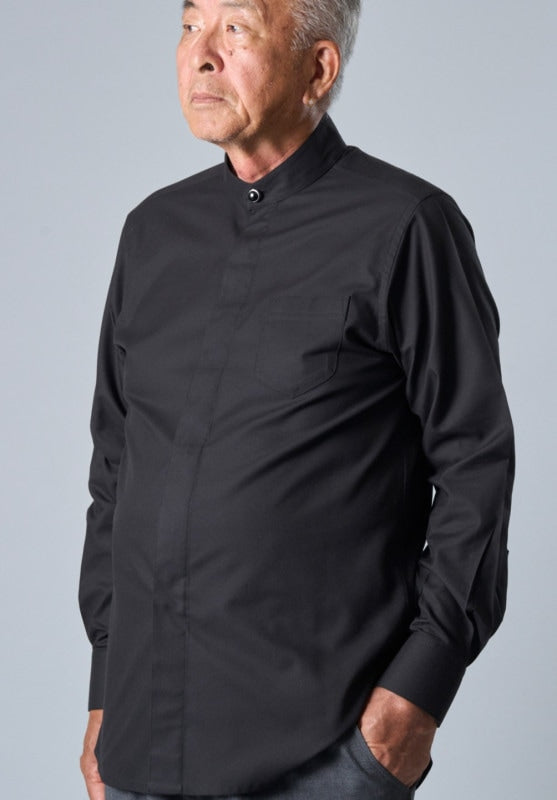 Premium Stand Collar Shirt Long Sleeve [Cotton] With Button Cover (1 Piece) [Black]