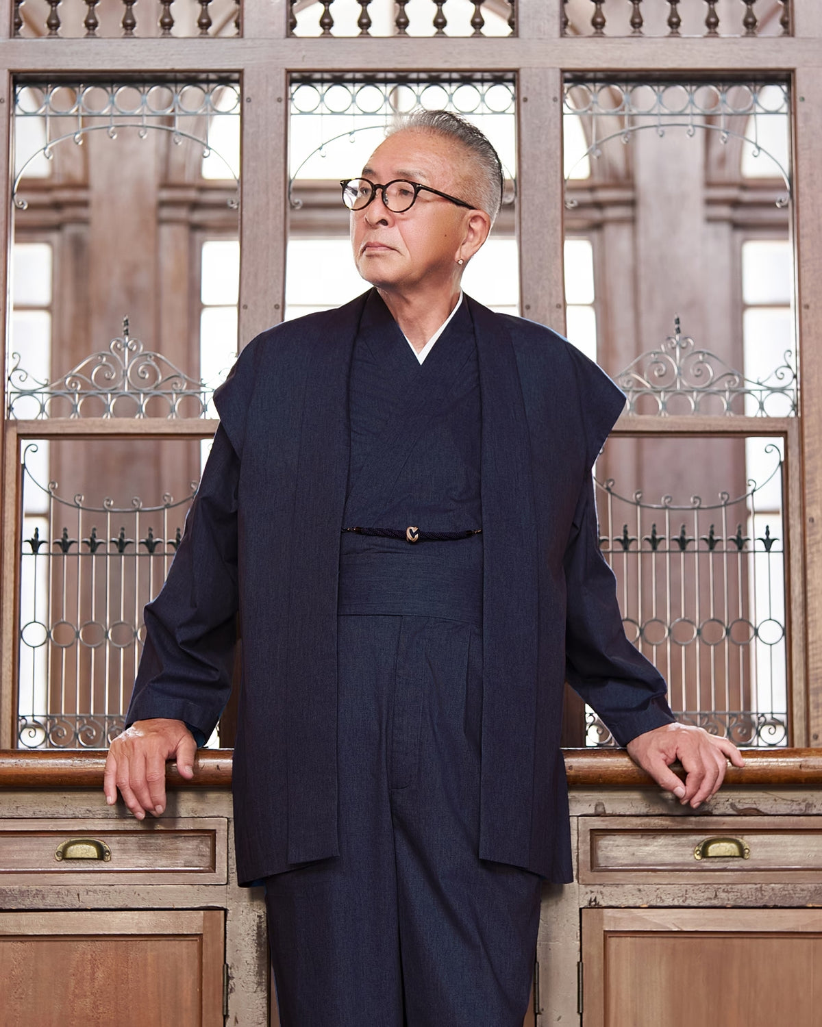 [Kimono Suit MON]Cotton MON Vintage style (navy)