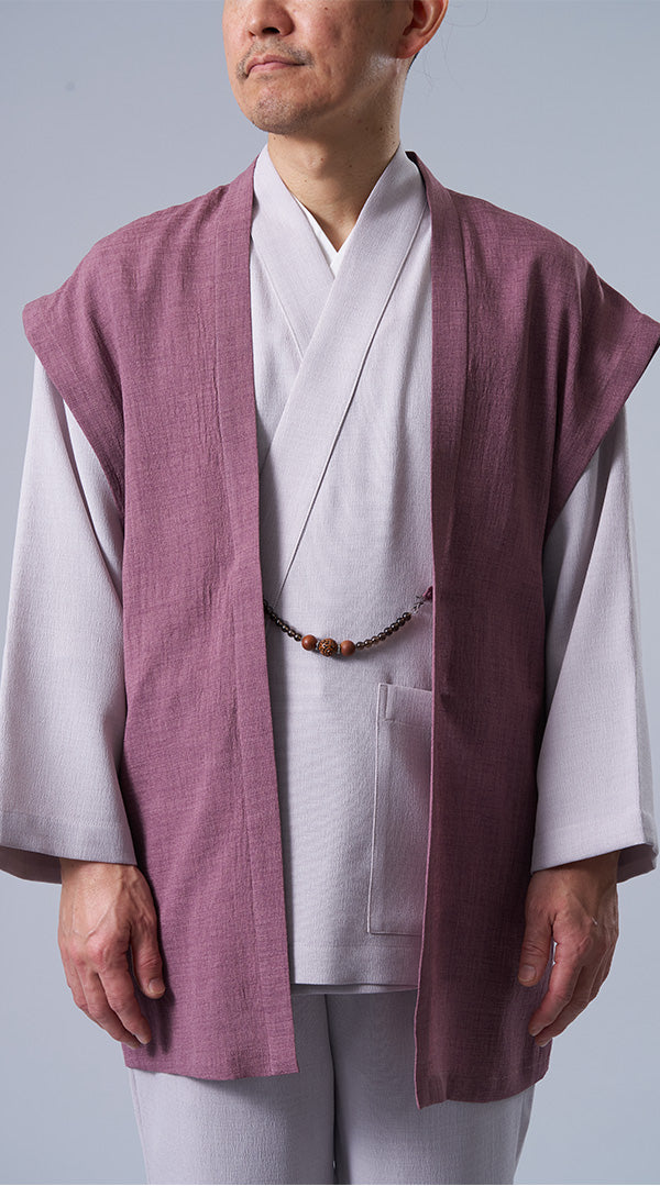 [Samue KIARA]Summer Samue 3-Piece Set: Azuki Haori & Beige Top and Bottom