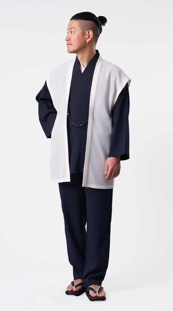 [Samue KIARA] 3-Piece Summer Samue Set: Off-White Haori & Navy Top and Bottom