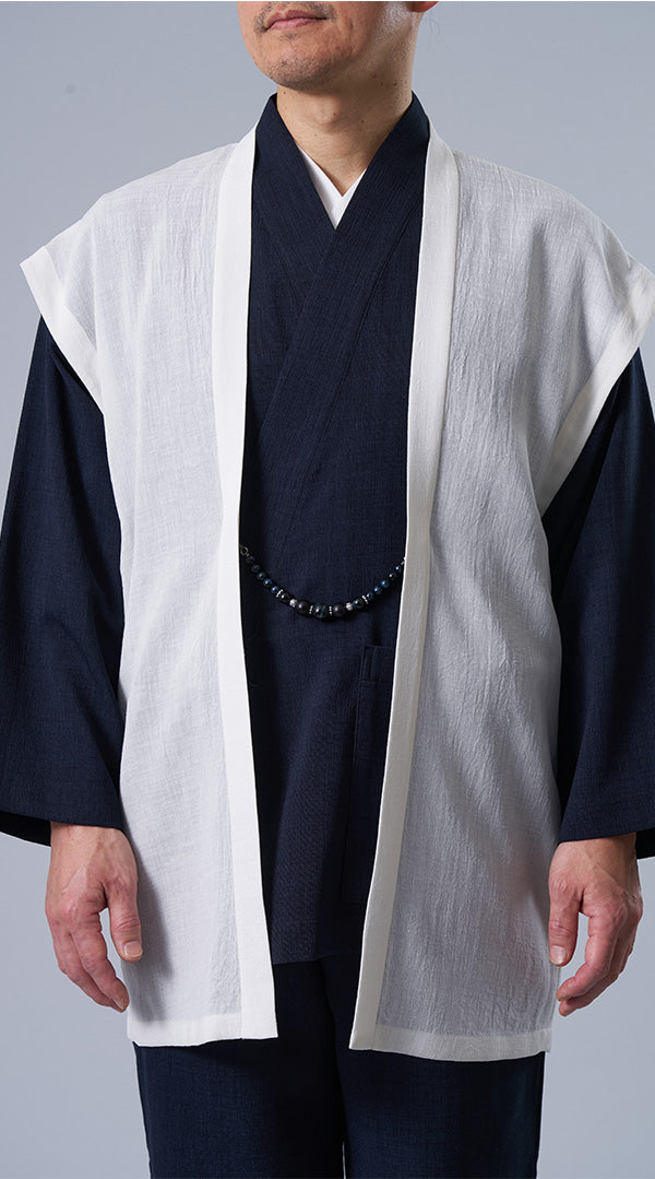 [Samue KIARA] 3-Piece Summer Samue Set: Off-White Haori & Navy Top and Bottom
