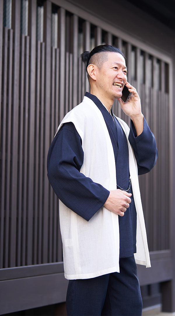 [Samue KIARA] 3-Piece Summer Samue Set: Off-White Haori & Navy Top and Bottom